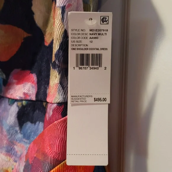 Aidan Mattox One Shoulder Draped Floral Gown With Thigh Slit In Navy Multi - Picture 8 of 14